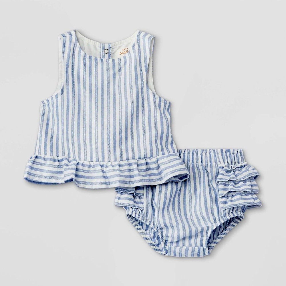 NWT! Cat & Jack Top & Bloomers, 2-Piece Set, Blue & White Stripes, 6-9M